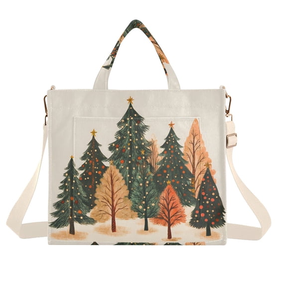 FORMRS Womens Corduroy Tote Bag Crossbody Shoulder Handbag with Pocket, Brown Christmas Trees