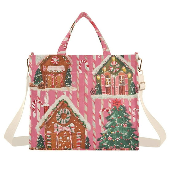 FORMRS Womens Corduroy Tote Bag Crossbody Shoulder Handbag with Pocket, Brown Gingerbread Houses