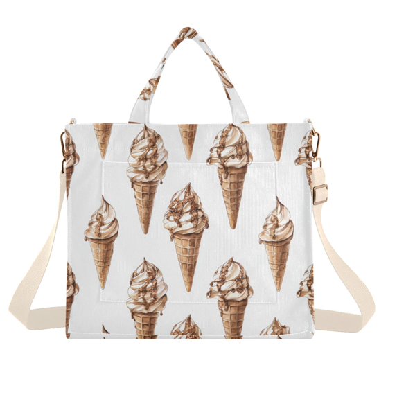FORMRS Womens Corduroy Tote Bag Crossbody Shoulder Handbag with Pocket, Brown Ice Cream Pattern