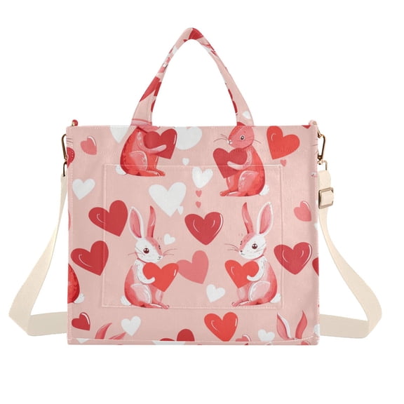 FORMRS Womens Corduroy Tote Bag Crossbody Shoulder Handbag with Pocket, Bunnies and Hearts