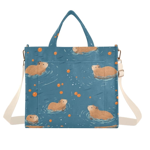 FORMRS Womens Corduroy Tote Bag Crossbody Shoulder Handbag with Pocket, Capybaras Swimming