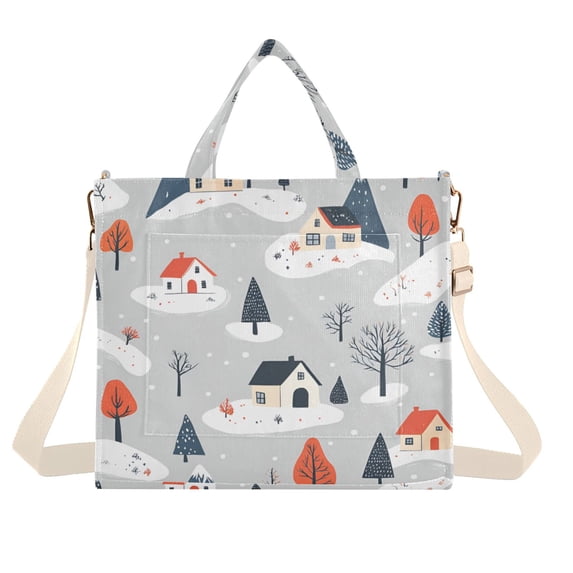 FORMRS Womens Corduroy Tote Bag Crossbody Shoulder Handbag with Pocket, Cartoon Blue Houses