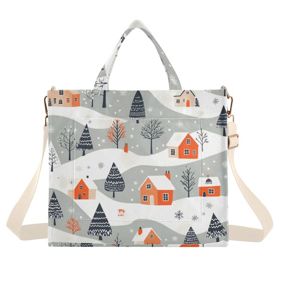 FORMRS Womens Corduroy Tote Bag Crossbody Shoulder Handbag with Pocket, Cartoon Orange Houses