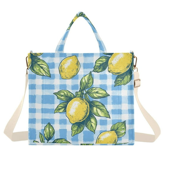 FORMRS Womens Corduroy Tote Bag Crossbody Shoulder Handbag with Pocket, Cartoon Plaid Lemon