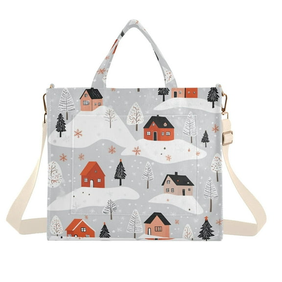 FORMRS Womens Corduroy Tote Bag Crossbody Shoulder Handbag with Pocket, Cartoon Red Houses