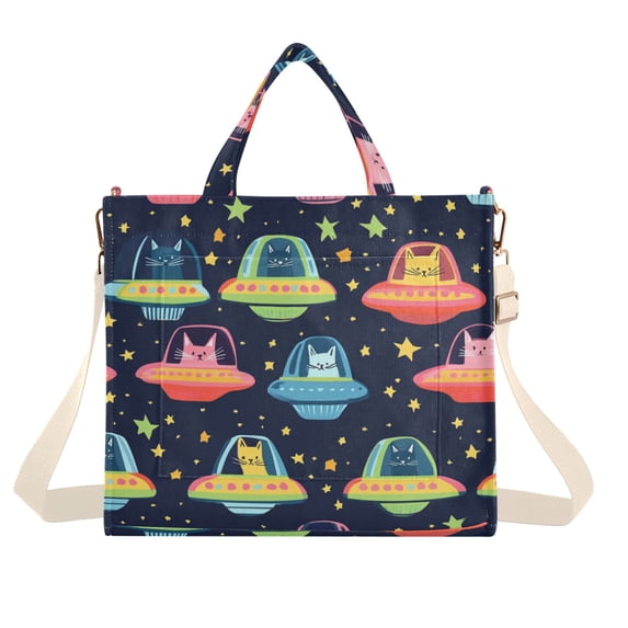 FORMRS Womens Corduroy Tote Bag Crossbody Shoulder Handbag with Pocket, Cartoon Space Cat