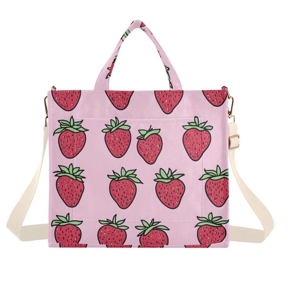 FORMRS Womens Corduroy Tote Bag Crossbody Shoulder Handbag with Pocket, Cartoon Strawberry