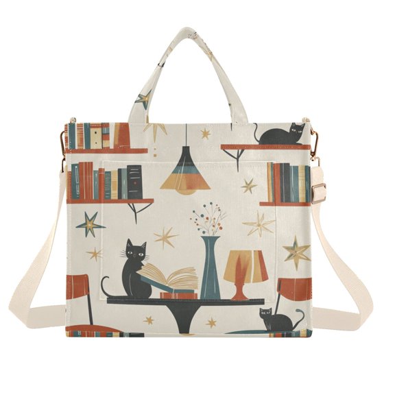 FORMRS Womens Corduroy Tote Bag Crossbody Shoulder Handbag with Pocket, Cats Reading Pattern