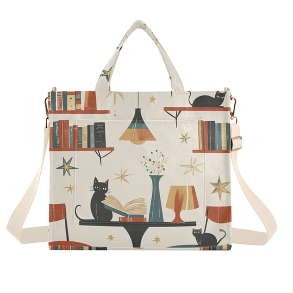 FORMRS Womens Corduroy Tote Bag Crossbody Shoulder Handbag with Pocket, Cats Reading Pattern