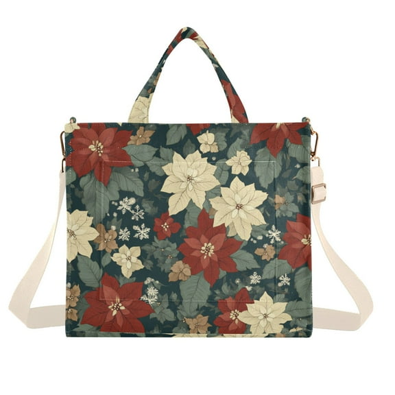 FORMRS Womens Corduroy Tote Bag Crossbody Shoulder Handbag with Pocket, Christmas Blooms