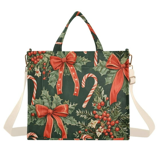 FORMRS Womens Corduroy Tote Bag Crossbody Shoulder Handbag with Pocket, Christmas Holly Bows