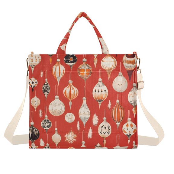 FORMRS Womens Corduroy Tote Bag Crossbody Shoulder Handbag with Pocket, Christmas Ornaments Pattern