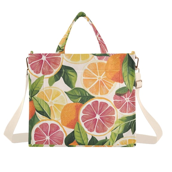 FORMRS Womens Corduroy Tote Bag Crossbody Shoulder Handbag with Pocket, Citrus Leaves