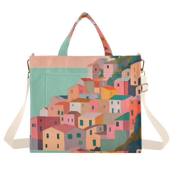 FORMRS Womens Corduroy Tote Bag Crossbody Shoulder Handbag with Pocket, Cityscape Painting