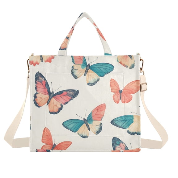 FORMRS Womens Corduroy Tote Bag Crossbody Shoulder Handbag with Pocket, Colorful Butterflies