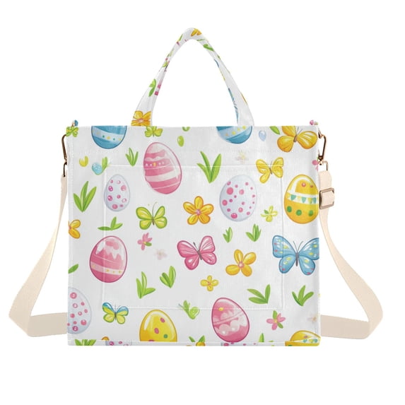 FORMRS Womens Corduroy Tote Bag Crossbody Shoulder Handbag with Pocket, Colorful Easter Eggs