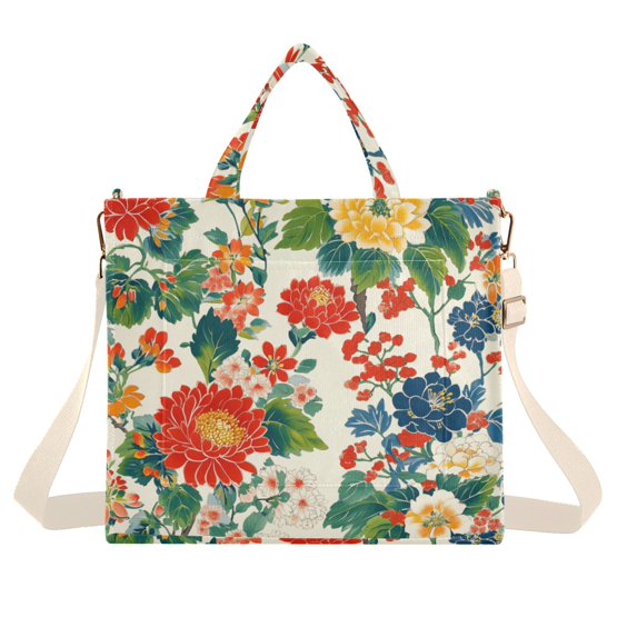 FORMRS Womens Corduroy Tote Bag Crossbody Shoulder Handbag with Pocket, Colorful Flowers Pattern