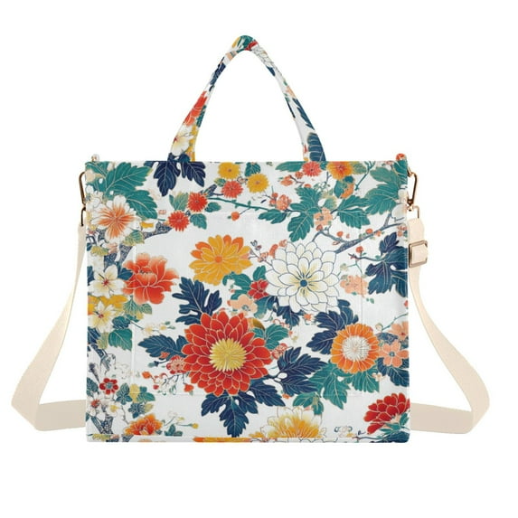 FORMRS Womens Corduroy Tote Bag Crossbody Shoulder Handbag with Pocket, Colorful Flowers Pattern