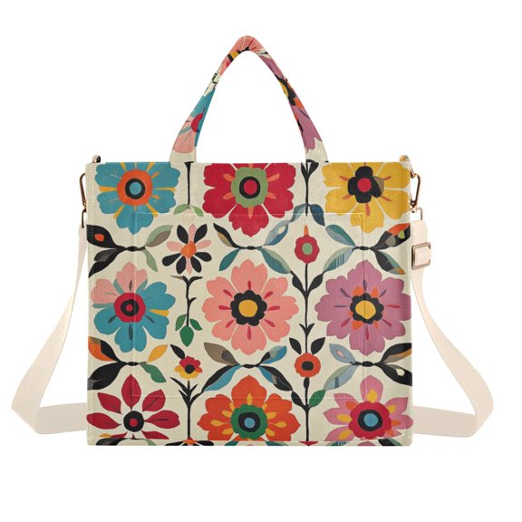 FORMRS Womens Corduroy Tote Bag Crossbody Shoulder Handbag with Pocket, Colorful Flowers