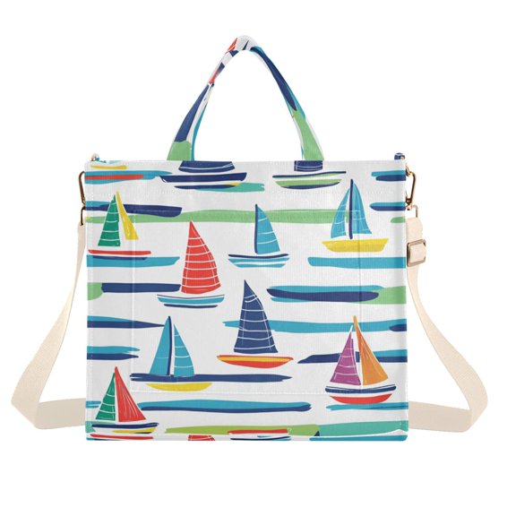 FORMRS Womens Corduroy Tote Bag Crossbody Shoulder Handbag with Pocket, Colorful Sailboats