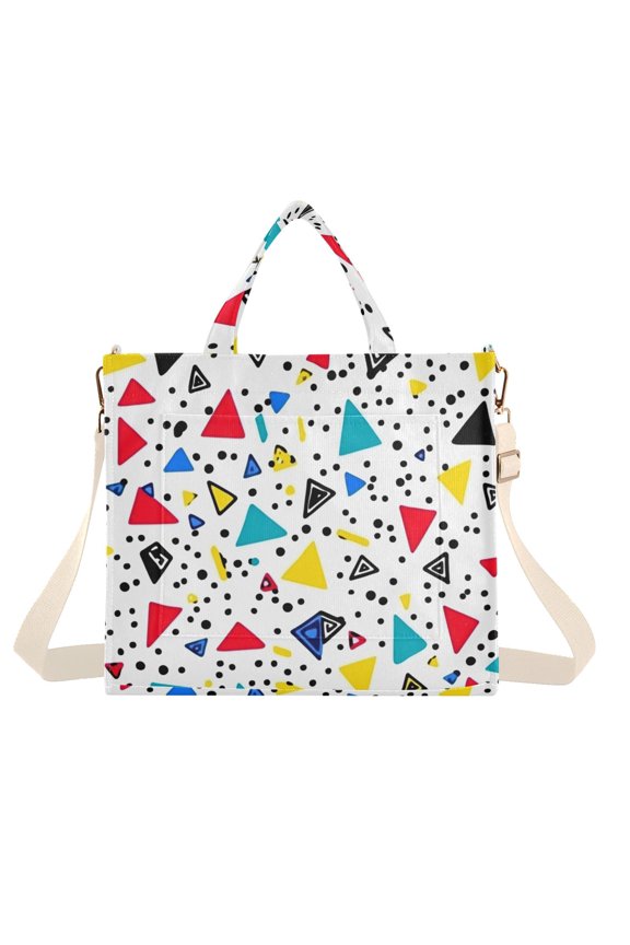 Womens Corduroy Tote Bag Crossbody Shoulder Handbag with Pocket, Colorful Triangles