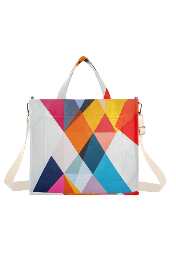 Womens Corduroy Tote Bag Crossbody Shoulder Handbag with Pocket, Colorful Triangles