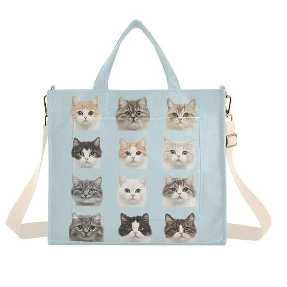 FORMRS Womens Corduroy Tote Bag Crossbody Shoulder Handbag with Pocket, Cute Cat Faces