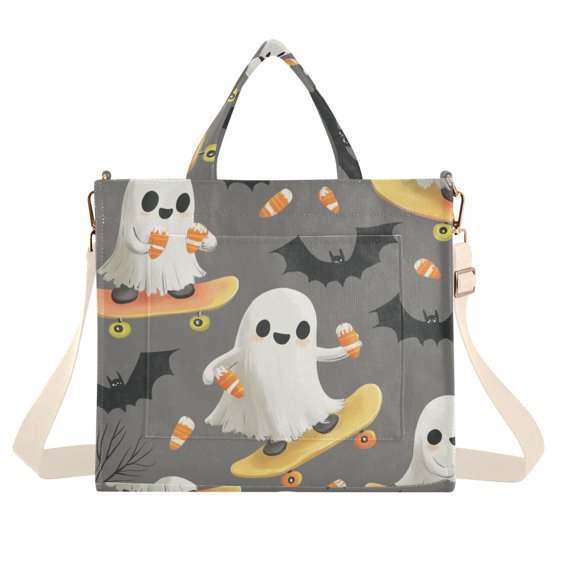 FORMRS Womens Corduroy Tote Bag Crossbody Shoulder Handbag with Pocket, Cute Ghosts