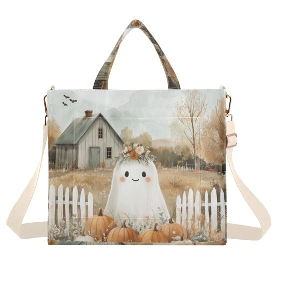 FORMRS Womens Corduroy Tote Bag Crossbody Shoulder Handbag with Pocket, Cute Halloween Pumpkins