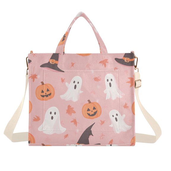 FORMRS Womens Corduroy Tote Bag Crossbody Shoulder Handbag with Pocket, Cute Pink Halloween