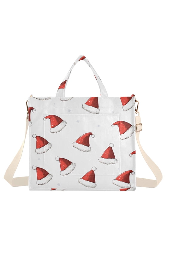 Womens Corduroy Tote Bag Crossbody Shoulder Handbag with Pocket, Cute Santa Hats Pattern
