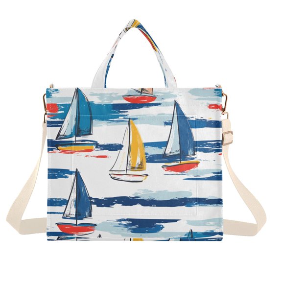 FORMRS Womens Corduroy Tote Bag Crossbody Shoulder Handbag with Pocket, Dark Blue Hand Drawn Sailboats