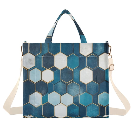 FORMRS Womens Corduroy Tote Bag Crossbody Shoulder Handbag with Pocket, Dark Blue Hexagon Patterns
