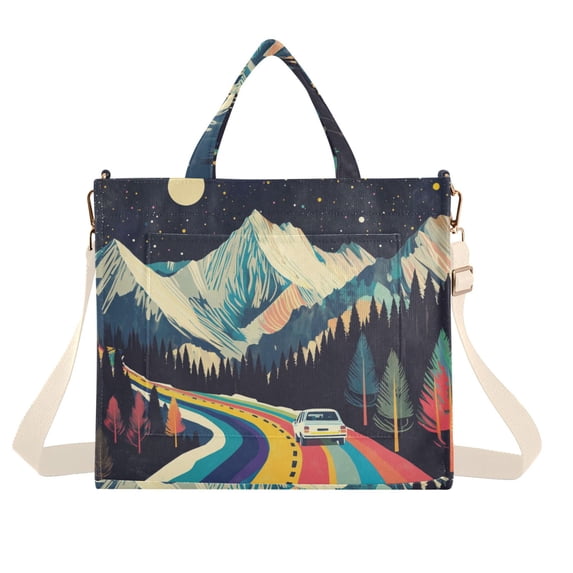 FORMRS Womens Corduroy Tote Bag Crossbody Shoulder Handbag with Pocket, Evening Mountain Road