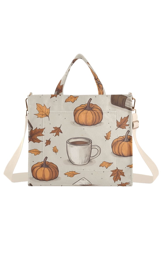 Womens Corduroy Tote Bag Crossbody Shoulder Handbag with Pocket, Fall Pumpkin Pattern