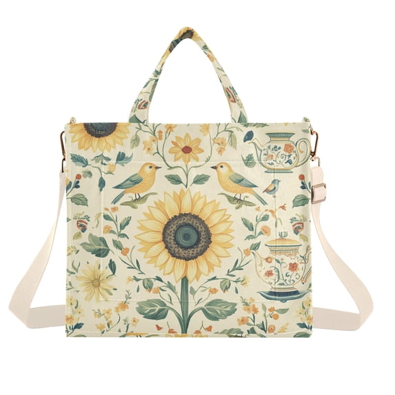 FORMRS Womens Corduroy Tote Bag Crossbody Shoulder Handbag with Pocket, Floral Birds Pattern
