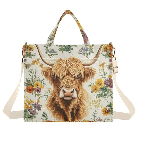 FORMRS Womens Corduroy Tote Bag Crossbody Shoulder Handbag with Pocket, Floral Cow