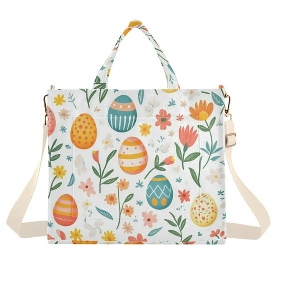 FORMRS Womens Corduroy Tote Bag Crossbody Shoulder Handbag with Pocket, Floral Easter Eggs