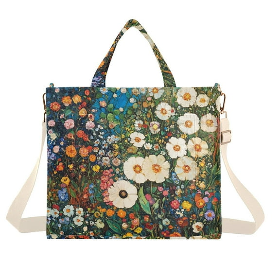 FORMRS Womens Corduroy Tote Bag Crossbody Shoulder Handbag with Pocket, Floral Garden