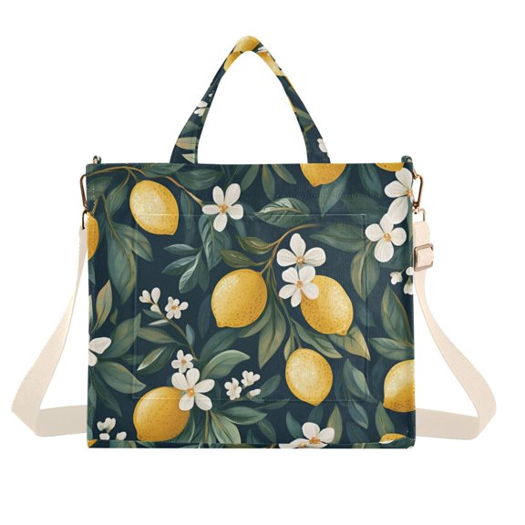 FORMRS Womens Corduroy Tote Bag Crossbody Shoulder Handbag with Pocket, Floral Lemons