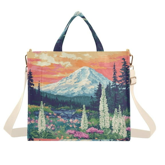 FORMRS Womens Corduroy Tote Bag Crossbody Shoulder Handbag with Pocket, Floral Mountain