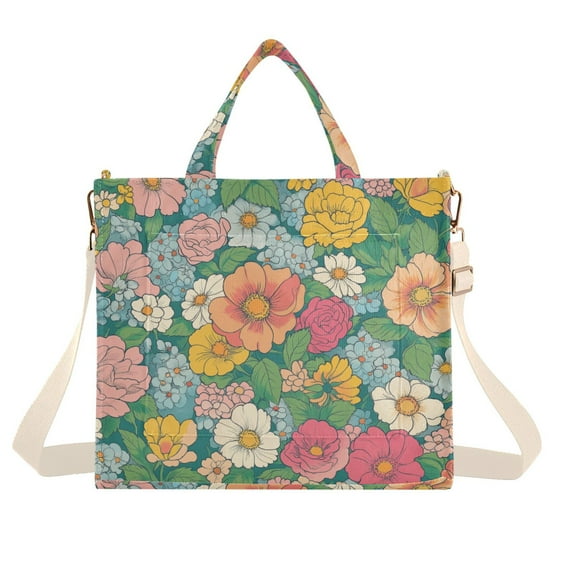 FORMRS Womens Corduroy Tote Bag Crossbody Shoulder Handbag with Pocket, Floral Pattern