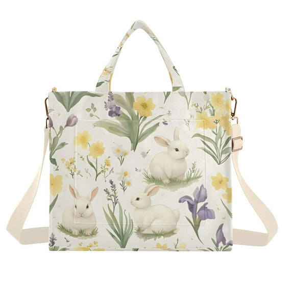 FORMRS Womens Corduroy Tote Bag Crossbody Shoulder Handbag with Pocket, Floral Rabbit
