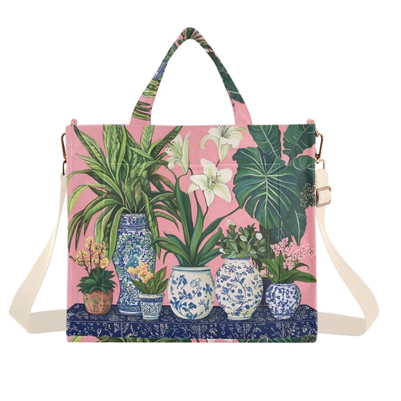 FORMRS Womens Corduroy Tote Bag Crossbody Shoulder Handbag with Pocket, Floral Vase