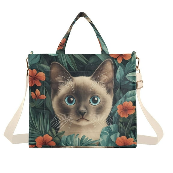 FORMRS Womens Corduroy Tote Bag Crossbody Shoulder Handbag with Pocket, Flowers and Cat