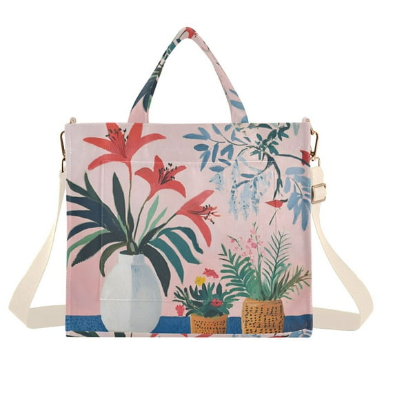 FORMRS Womens Corduroy Tote Bag Crossbody Shoulder Handbag with Pocket, Flowers and Leaves