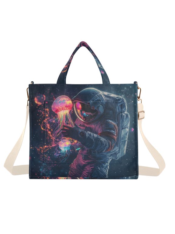 Womens Corduroy Tote Bag Crossbody Shoulder Handbag with Pocket, Glowing Jellyfish