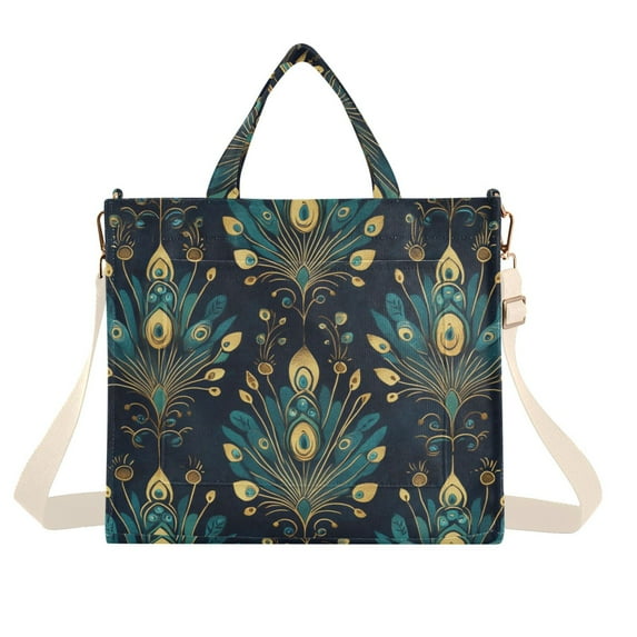 FORMRS Womens Corduroy Tote Bag Crossbody Shoulder Handbag with Pocket, Gold Peacock Pattern