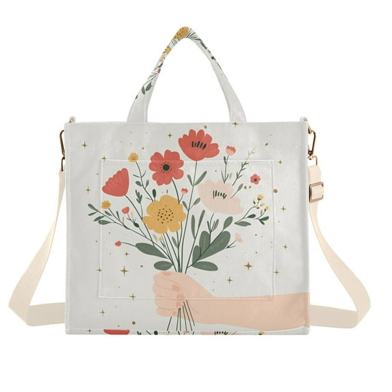 FORMRS Womens Corduroy Tote Bag Crossbody Shoulder Handbag with Pocket, Gray Cute Flower