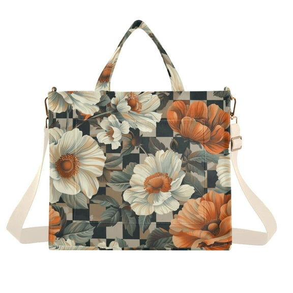 FORMRS Womens Corduroy Tote Bag Crossbody Shoulder Handbag with Pocket, Gray Floral Pattern